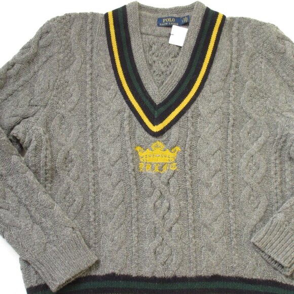 NWT Polo Ralph Lauren Embroidered Crown Cable Knit Cricket Sweater in Gray L - Picture 3 of 8